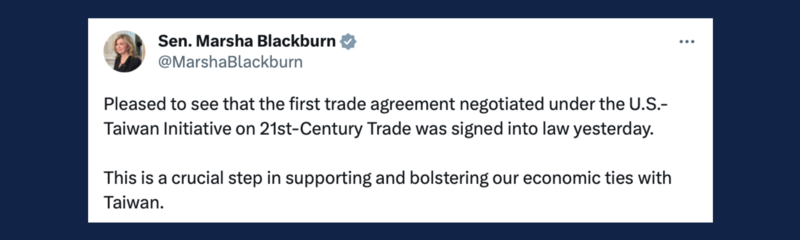 Taiwan Trade Agreement Signed Into Law